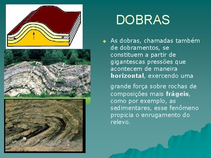 DOBRAS u As dobras, chamadas também de dobramentos, se constituem a partir de gigantescas DOBRAS u As dobras, chamadas também de dobramentos, se constituem a partir de gigantescas
