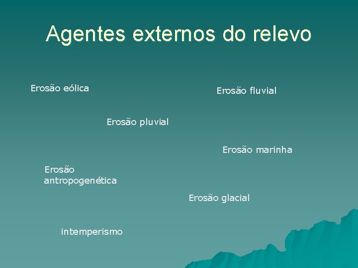 Agentes externos do relevo Erosão eólica Erosão fluvial Erosão pluvial Erosão marinha Erosão antropogenética Agentes externos do relevo Erosão eólica Erosão fluvial Erosão pluvial Erosão marinha Erosão antropogenética