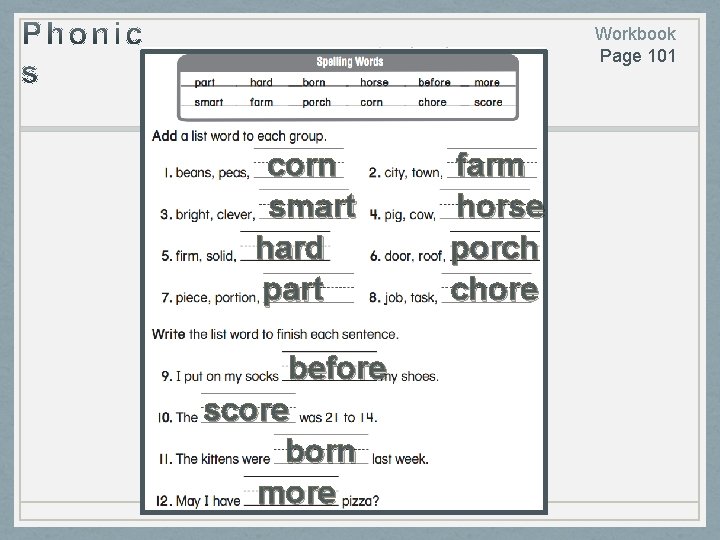 Workbook Page 101 corn smart hard part before score born more farm horse porch