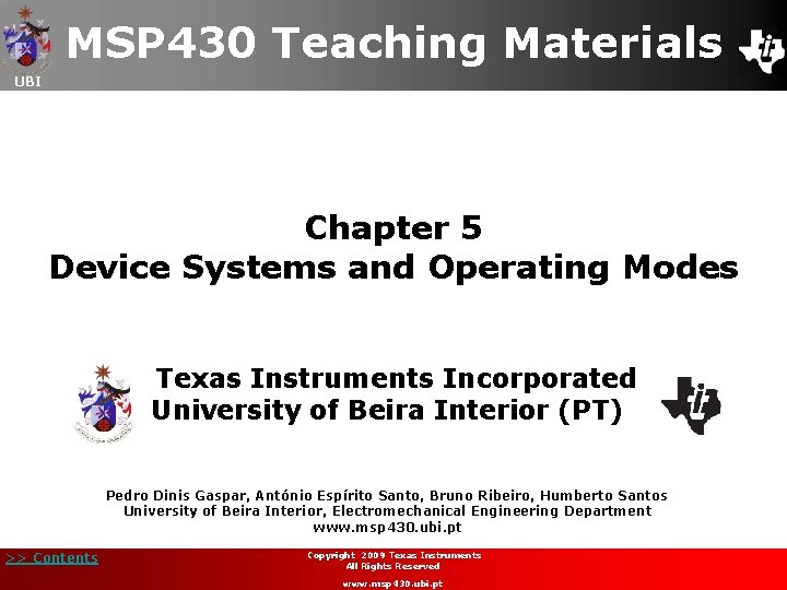 MSP 430 Teaching Materials UBI Chapter 5 Device Systems and Operating Modes Texas Instruments