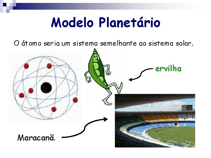 Modelo Planetário O átomo seria um sistema semelhante ao sistema solar. ervilha Maracanã. Modelo Planetário O átomo seria um sistema semelhante ao sistema solar. ervilha Maracanã.
