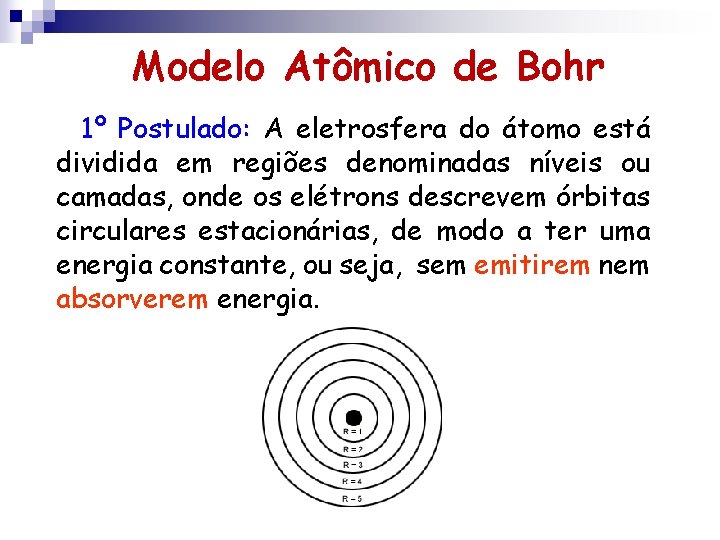Modelo Atômico de Bohr 1º Postulado: A eletrosfera do átomo está dividida em regiões Modelo Atômico de Bohr 1º Postulado: A eletrosfera do átomo está dividida em regiões