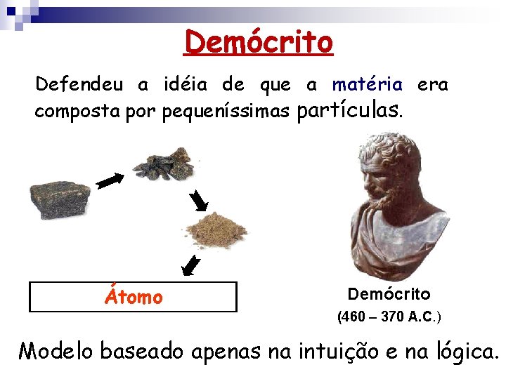 Demócrito Defendeu a idéia de que a matéria era composta por pequeníssimas partículas. Átomo Demócrito Defendeu a idéia de que a matéria era composta por pequeníssimas partículas. Átomo
