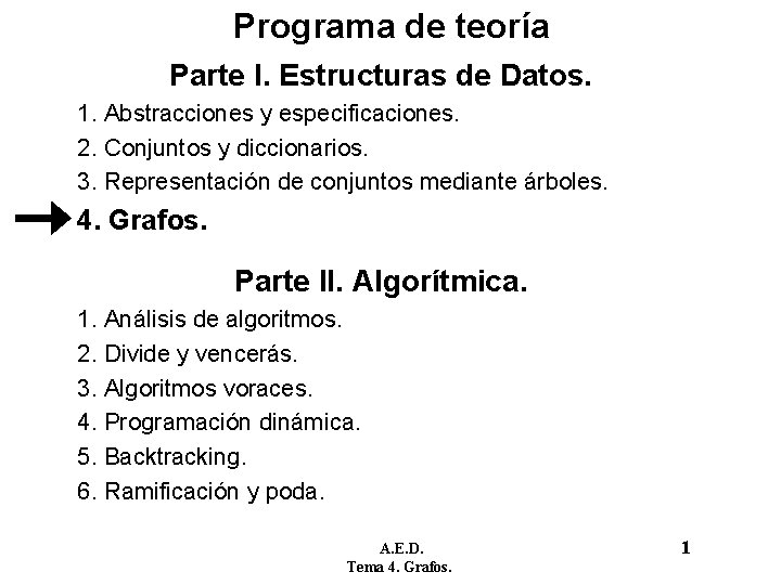 Programa de teoría Parte I. Estructuras de Datos. 1. Abstracciones y especificaciones. 2. Conjuntos Programa de teoría Parte I. Estructuras de Datos. 1. Abstracciones y especificaciones. 2. Conjuntos