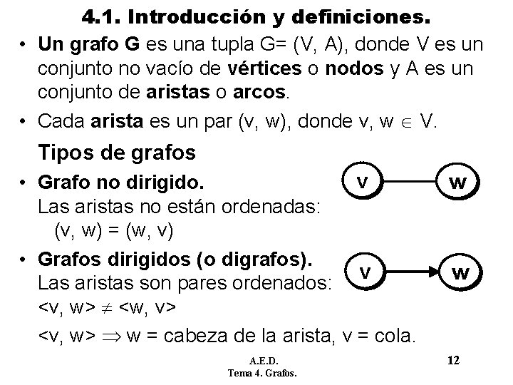 4. 1. Introducción y definiciones. • Un grafo G es una tupla G= (V, 4. 1. Introducción y definiciones. • Un grafo G es una tupla G= (V,