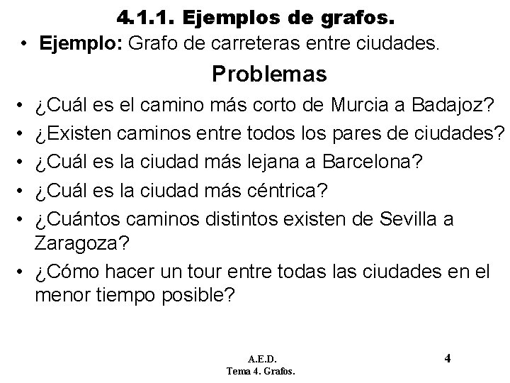 4. 1. 1. Ejemplos de grafos. • Ejemplo: Grafo de carreteras entre ciudades. Problemas 4. 1. 1. Ejemplos de grafos. • Ejemplo: Grafo de carreteras entre ciudades. Problemas
