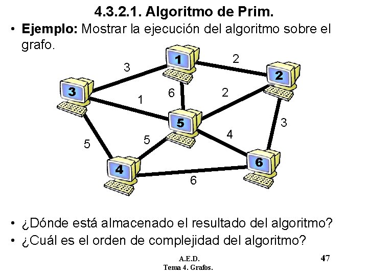 4. 3. 2. 1. Algoritmo de Prim. • Ejemplo: Mostrar la ejecución del algoritmo 4. 3. 2. 1. Algoritmo de Prim. • Ejemplo: Mostrar la ejecución del algoritmo