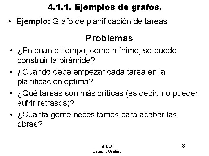 4. 1. 1. Ejemplos de grafos. • Ejemplo: Grafo de planificación de tareas. Problemas 4. 1. 1. Ejemplos de grafos. • Ejemplo: Grafo de planificación de tareas. Problemas