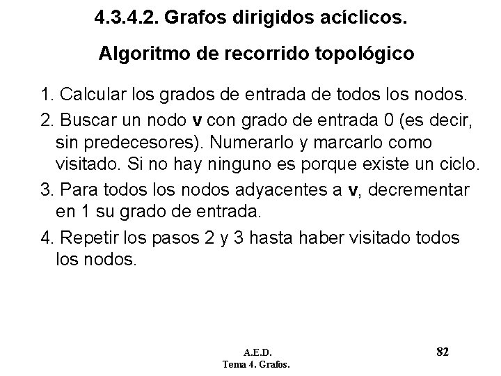 4. 3. 4. 2. Grafos dirigidos acíclicos. Algoritmo de recorrido topológico 1. Calcular los 4. 3. 4. 2. Grafos dirigidos acíclicos. Algoritmo de recorrido topológico 1. Calcular los
