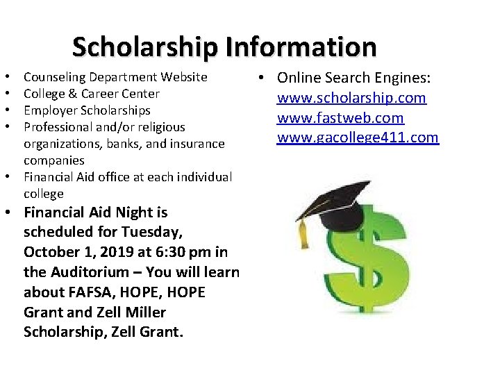 Scholarship Information Counseling Department Website College & Career Center Employer Scholarships Professional and/or religious