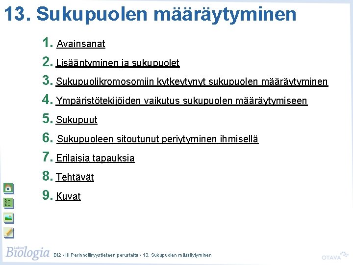 13. Sukupuolen määräytyminen 1. Avainsanat 2. Lisääntyminen ja sukupuolet 3. Sukupuolikromosomiin kytkeytynyt sukupuolen määräytyminen 13. Sukupuolen määräytyminen 1. Avainsanat 2. Lisääntyminen ja sukupuolet 3. Sukupuolikromosomiin kytkeytynyt sukupuolen määräytyminen