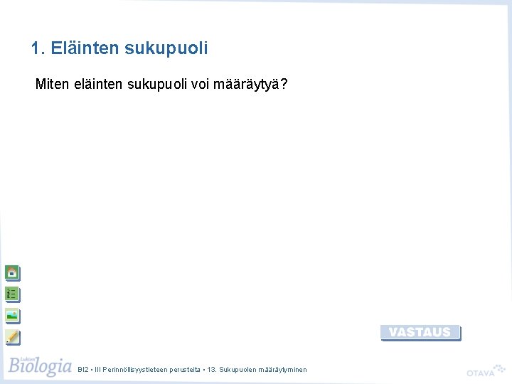 1. Eläinten sukupuoli Miten eläinten sukupuoli voi määräytyä? BI 2 • III Perinnöllisyystieteen perusteita 1. Eläinten sukupuoli Miten eläinten sukupuoli voi määräytyä? BI 2 • III Perinnöllisyystieteen perusteita