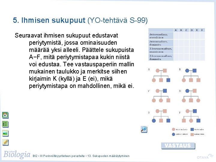 5. Ihmisen sukupuut (YO-tehtävä S-99) Seuraavat ihmisen sukupuut edustavat periytymistä, jossa ominaisuuden määrää yksi 5. Ihmisen sukupuut (YO-tehtävä S-99) Seuraavat ihmisen sukupuut edustavat periytymistä, jossa ominaisuuden määrää yksi