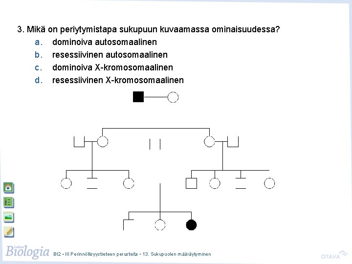 3. Mikä on periytymistapa sukupuun kuvaamassa ominaisuudessa? a. dominoiva autosomaalinen b. resessiivinen autosomaalinen c. 3. Mikä on periytymistapa sukupuun kuvaamassa ominaisuudessa? a. dominoiva autosomaalinen b. resessiivinen autosomaalinen c.