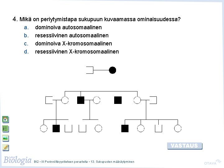4. Mikä on periytymistapa sukupuun kuvaamassa ominaisuudessa? a. b. c. d. dominoiva autosomaalinen resessiivinen 4. Mikä on periytymistapa sukupuun kuvaamassa ominaisuudessa? a. b. c. d. dominoiva autosomaalinen resessiivinen