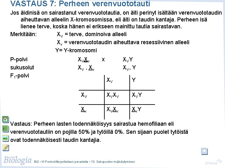 VASTAUS 7: Perheen verenvuototauti Jos äidinisä on sairastanut verenvuototautia, on äiti perinyt isältään verenvuototaudin VASTAUS 7: Perheen verenvuototauti Jos äidinisä on sairastanut verenvuototautia, on äiti perinyt isältään verenvuototaudin