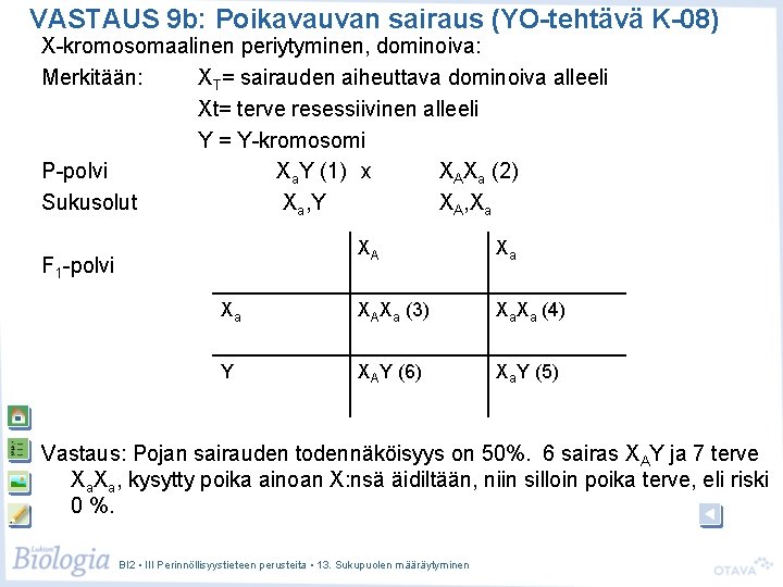VASTAUS 9 b: Poikavauvan sairaus (YO-tehtävä K-08) X-kromosomaalinen periytyminen, dominoiva: Merkitään: XT= sairauden aiheuttava VASTAUS 9 b: Poikavauvan sairaus (YO-tehtävä K-08) X-kromosomaalinen periytyminen, dominoiva: Merkitään: XT= sairauden aiheuttava