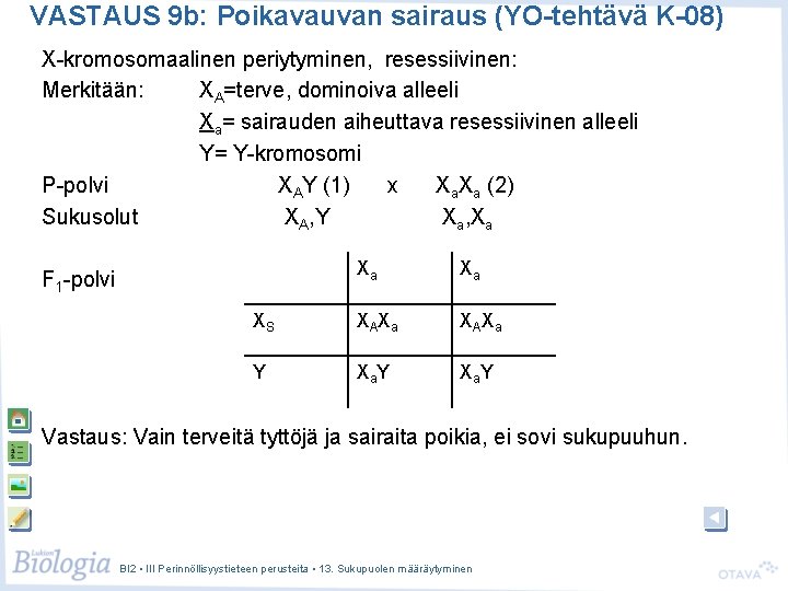 VASTAUS 9 b: Poikavauvan sairaus (YO-tehtävä K-08) X-kromosomaalinen periytyminen, resessiivinen: Merkitään: XA=terve, dominoiva alleeli VASTAUS 9 b: Poikavauvan sairaus (YO-tehtävä K-08) X-kromosomaalinen periytyminen, resessiivinen: Merkitään: XA=terve, dominoiva alleeli