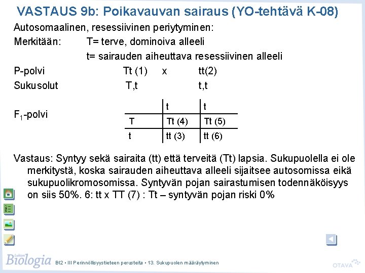 VASTAUS 9 b: Poikavauvan sairaus (YO-tehtävä K-08) Autosomaalinen, resessiivinen periytyminen: Merkitään: T= terve, dominoiva VASTAUS 9 b: Poikavauvan sairaus (YO-tehtävä K-08) Autosomaalinen, resessiivinen periytyminen: Merkitään: T= terve, dominoiva