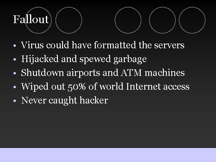 Fallout • • • Virus could have formatted the servers Hijacked and spewed garbage