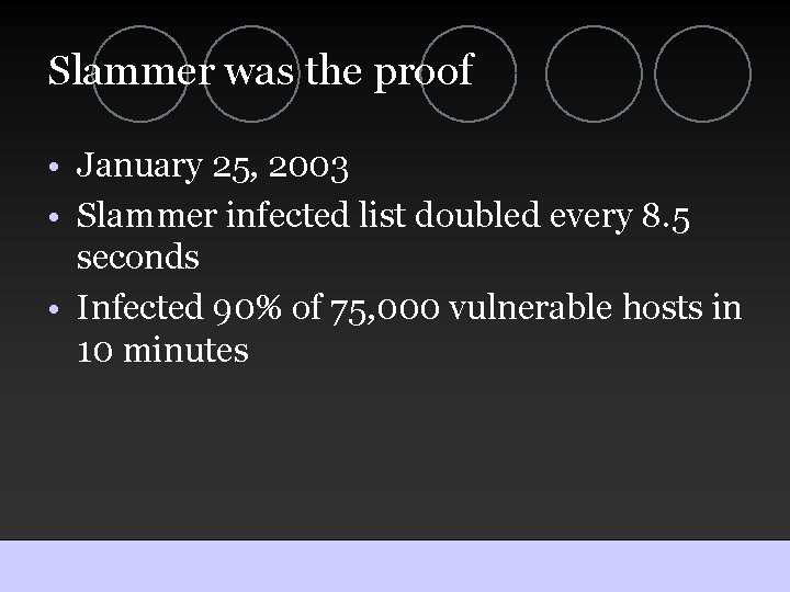 Slammer was the proof • January 25, 2003 • Slammer infected list doubled every