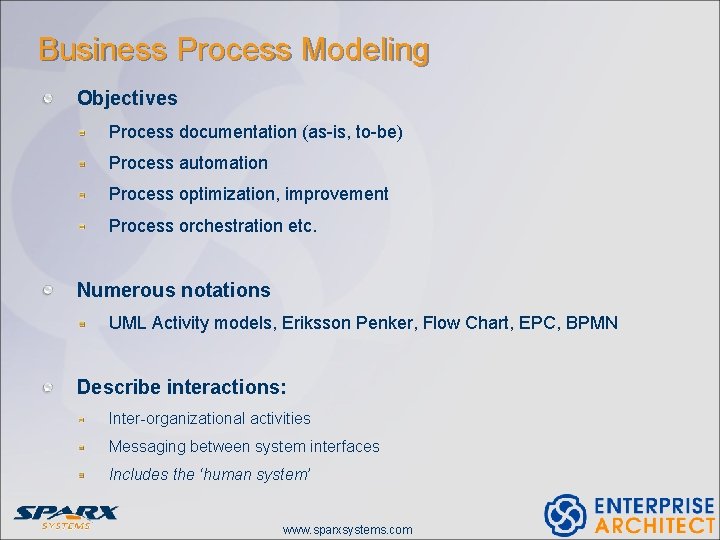 Business Process Modeling Objectives Process documentation (as-is, to-be) Process automation Process optimization, improvement Process Business Process Modeling Objectives Process documentation (as-is, to-be) Process automation Process optimization, improvement Process