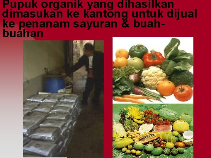 Pupuk organik yang dihasilkan dimasukan ke kantong untuk dijual ke penanam sayuran & buahan