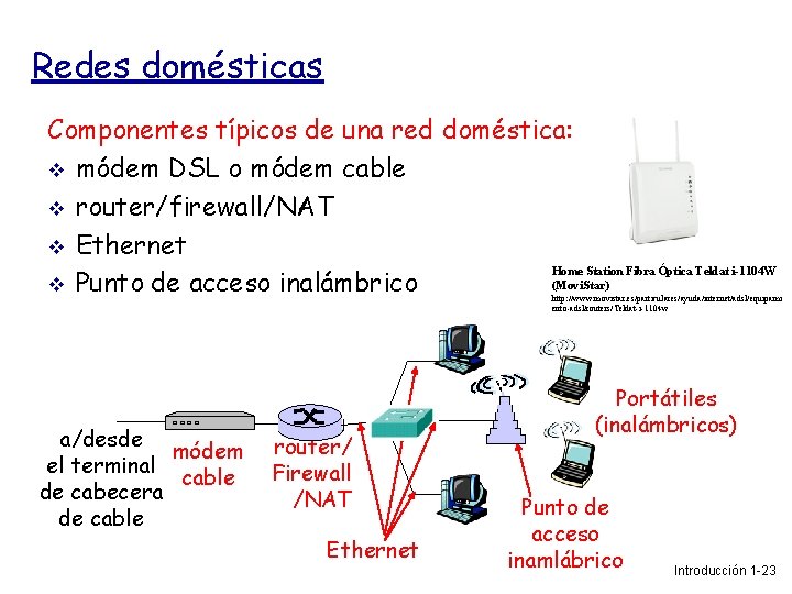 Redes domésticas Componentes típicos de una red doméstica: módem DSL o módem cable router/firewall/NAT