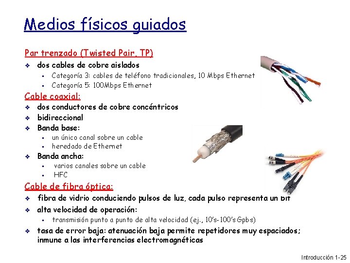 Medios físicos guiados Par trenzado (Twisted Pair, TP) dos cables de cobre aislados Categoría