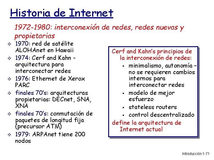 Historia de Internet 1972 -1980: interconexión de redes, redes nuevas y propietarias 1970: red