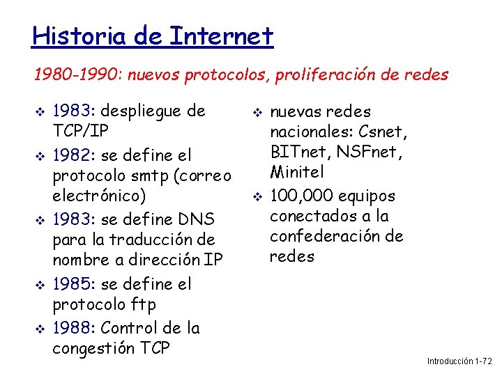 Historia de Internet 1980 -1990: nuevos protocolos, proliferación de redes 1983: despliegue de TCP/IP