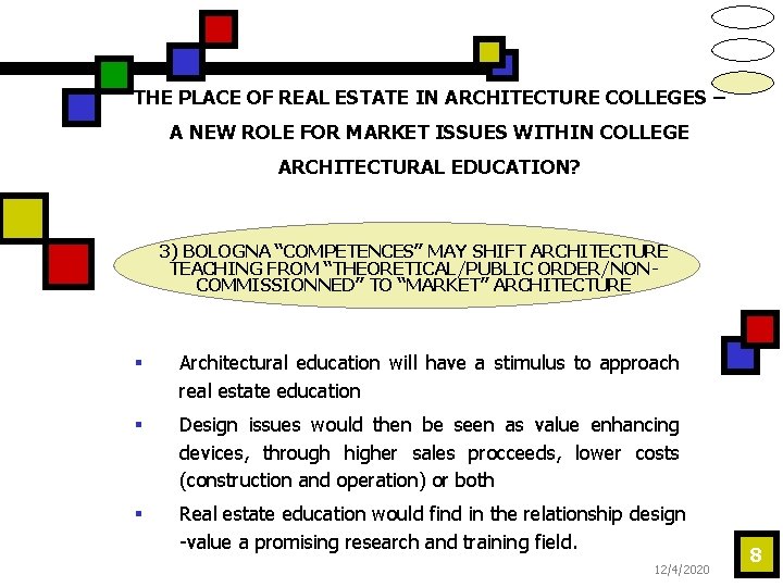 THE PLACE OF REAL ESTATE IN ARCHITECTURE COLLEGES – A NEW ROLE FOR MARKET