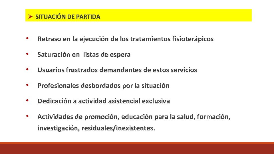  SITUACIÓN DE PARTIDA • Retraso en la ejecución de los tratamientos fisioterápicos •