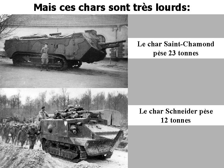Mais ces chars sont très lourds: Le char Saint-Chamond pèse 23 tonnes Le char