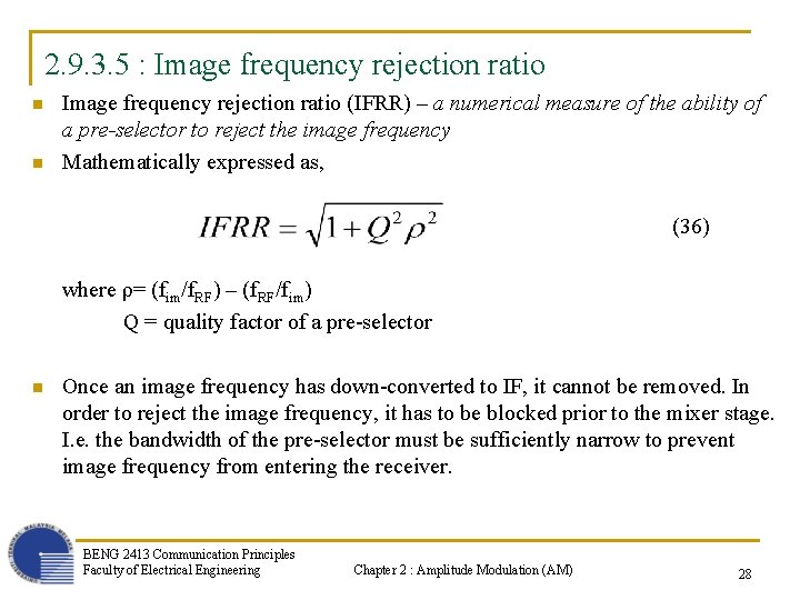 2. 9. 3. 5 : Image frequency rejection ratio n n Image frequency rejection