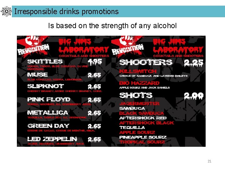 Irresponsible drinks promotions Is based on the strength of any alcohol 21 