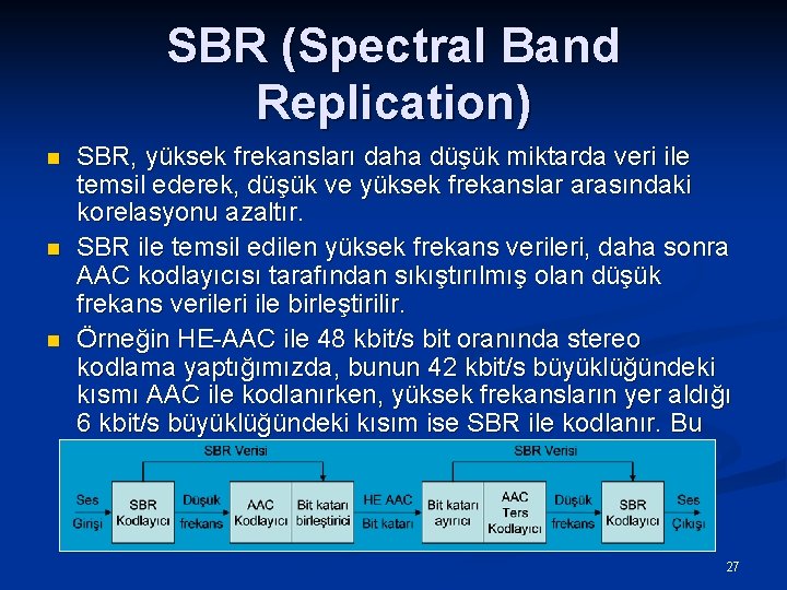 SBR (Spectral Band Replication) n n n SBR, yüksek frekansları daha düşük miktarda veri