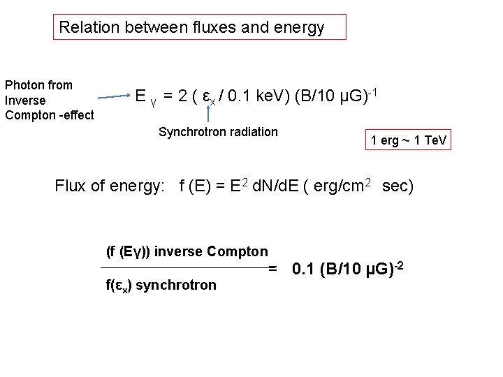 Relation between fluxes and energy Photon from Inverse Compton -effect E γ = 2