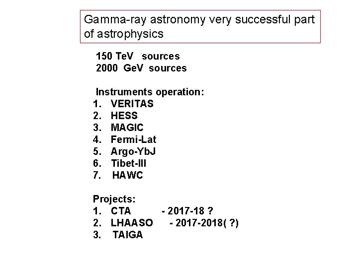 Gamma-ray astronomy very successful part of astrophysics 150 Te. V sources 2000 Ge. V