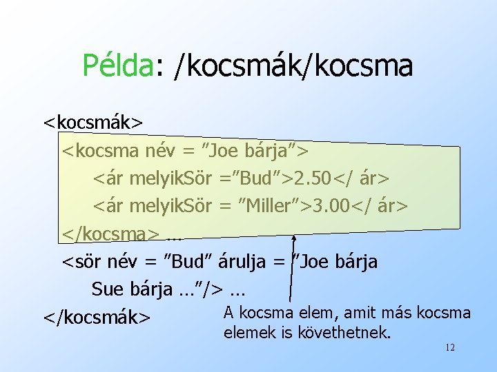 Példa: /kocsmák/kocsma <kocsmák> <kocsma név = ”Joe bárja”> <ár melyik. Sör =”Bud”>2. 50</ ár>