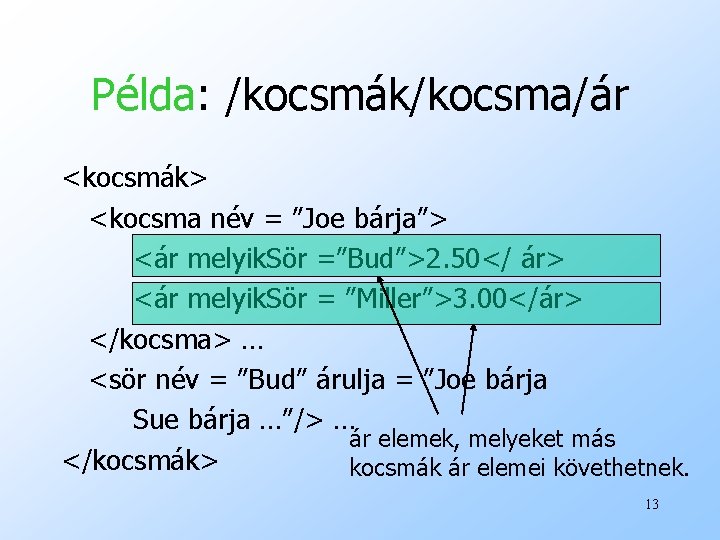 Példa: /kocsmák/kocsma/ár <kocsmák> <kocsma név = ”Joe bárja”> <ár melyik. Sör =”Bud”>2. 50</ ár>