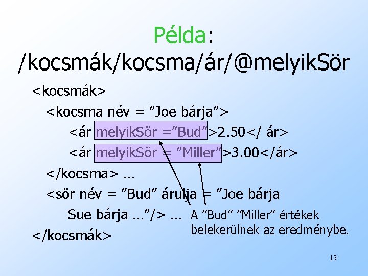 Példa: /kocsmák/kocsma/ár/@melyik. Sör <kocsmák> <kocsma név = ”Joe bárja”> <ár melyik. Sör =”Bud”>2. 50</