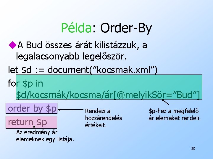Példa: Order-By u. A Bud összes árát kilistázzuk, a legalacsonyabb legelőször. let $d :