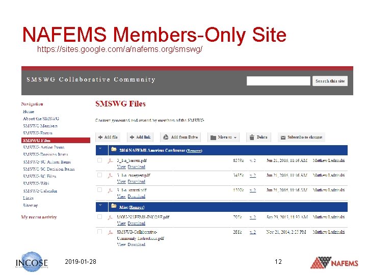 NAFEMS Members-Only Site https: //sites. google. com/a/nafems. org/smswg/ 2019 -01 -28 12 