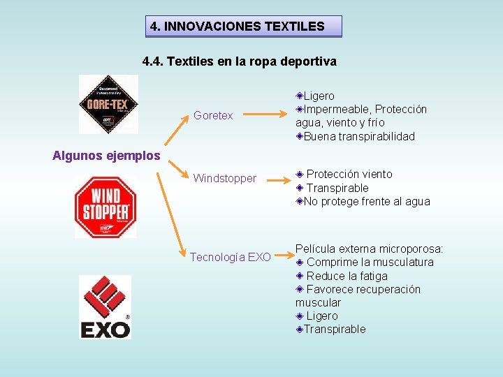 4. INNOVACIONES TEXTILES 4. 4. Textiles en la ropa deportiva Goretex Ligero Impermeable, Protección
