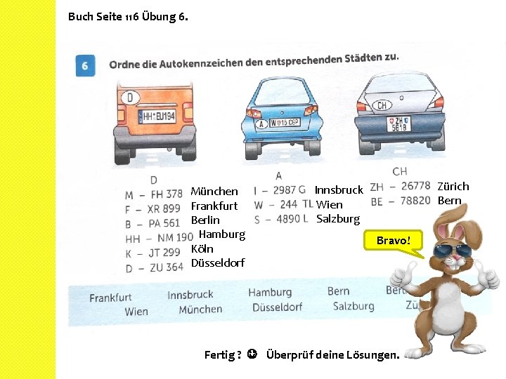 Buch Seite 116 Übung 6. München Frankfurt Berlin Hamburg Köln Düsseldorf Zürich Bern Innsbruck