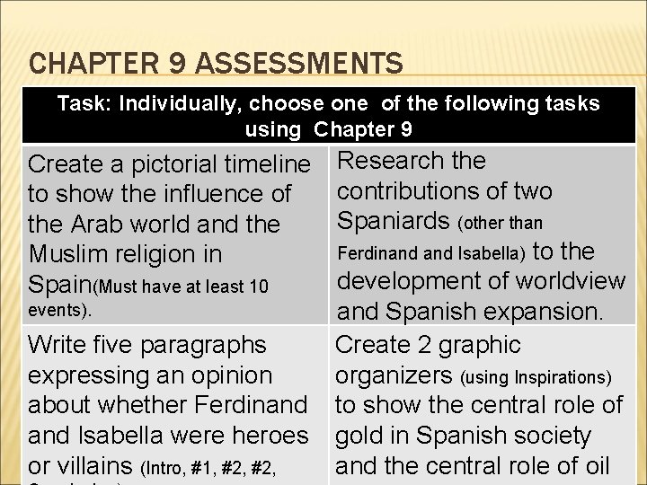 CHAPTER 9 ASSESSMENTS Task: Individually, choose one of the following tasks using Chapter 9