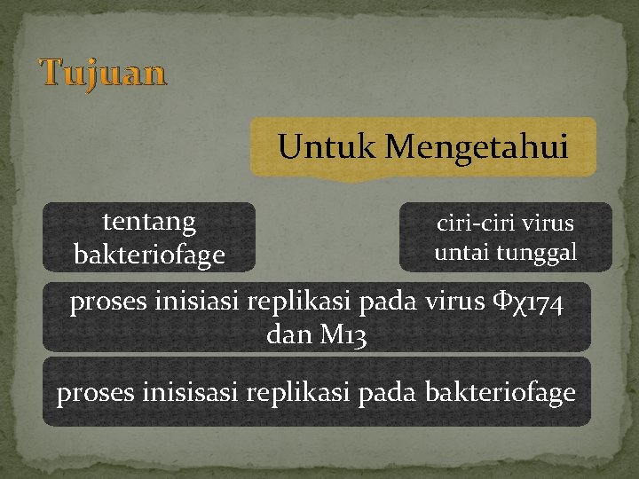 Tujuan Untuk Mengetahui tentang bakteriofage ciri-ciri virus untai tunggal proses inisiasi replikasi pada virus Tujuan Untuk Mengetahui tentang bakteriofage ciri-ciri virus untai tunggal proses inisiasi replikasi pada virus