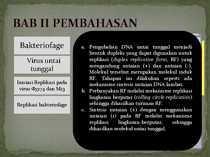 BAB II PEMBAHASAN Bakteriofage Virus untai tunggal Inisiasi Replikasi pada virus Фχ174 dan M BAB II PEMBAHASAN Bakteriofage Virus untai tunggal Inisiasi Replikasi pada virus Фχ174 dan M