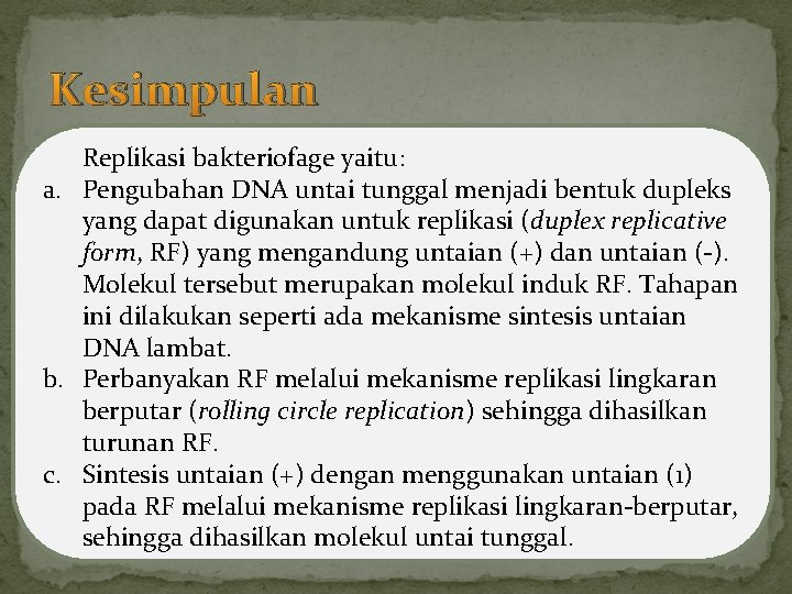 Kesimpulan Replikasi bakteriofage yaitu: Inisiasi replikasi DNA Фχ174, kompleks a. Pengubahan DNA untai tunggal Kesimpulan Replikasi bakteriofage yaitu: Inisiasi replikasi DNA Фχ174, kompleks a. Pengubahan DNA untai tunggal